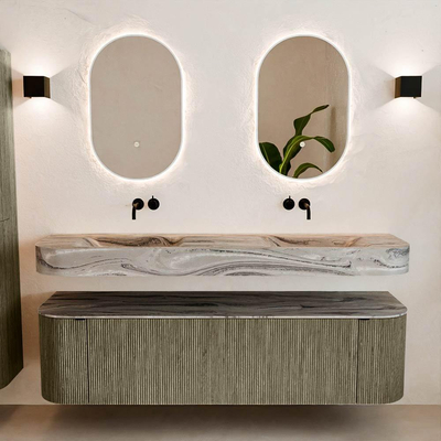 MONDIAZ THOR-DLUX 170cm meuble de salle de bains arrondi gauche + droite couleur Shadow avec 1 tiroir et 2 portes. Vasque suspendue CLOUD Double sans trou de robinet couleur Sombra.