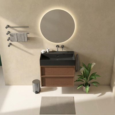 Saniclass Holz Frame Ensemble de meubles de salle de bains - 80x45x72cm - Lavabo Legend en céramique noir mat - 1 vasque - sans trou de robinetterie - 2 tiroirs - walnut pure mat (bois)