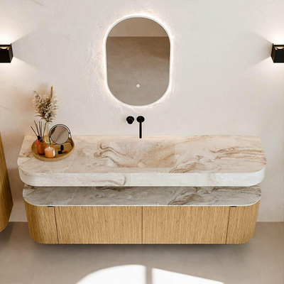 MONDIAZ THOR-DLUX 180cm meuble de salle de bains arrondi gauche + droite couleur Oak avec 2 tiroirs et 2 portes. Vasque suspendue CLOUD Milieu sans trou de robinet couleur Frappe.