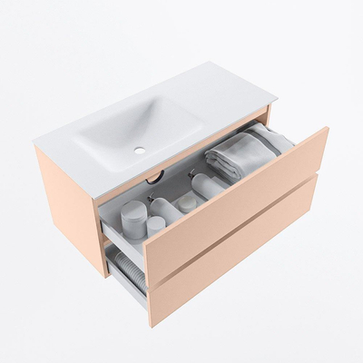 MONDIAZ VICA Ensemble meuble de salle de bains - 100cm - meuble bas rosee - 2 tiroirs - lavabo cloud gauche - 1 trou de robinet - version haute 60cm - talc
