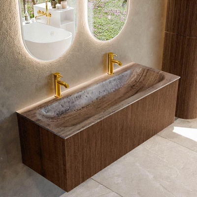 MONDIAZ KURVE-DLUX 120cm badmeubel kleur Walnut met 1 lade en 0 deuren. Wastafel BIG LARGE Midden 2 kraangaten Oza.