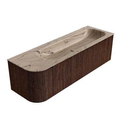 MONDIAZ KURVE-DLUX Meuble de salle de bains 145 cm arrondi à gauche couleur Walnut avec 1 tiroir et 1 porte. Plan-vasque BIG LARGE à droite 1 trou de robinet Arena.