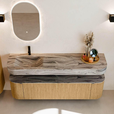 MONDIAZ THOR-DLUX Meuble de salle de bains 170cm arrondi gauche + droite couleur Oak avec 1 tiroir et 2 portes. Vasque suspendue CLOUD Gauche 1 trou de robinet couleur Sombra.