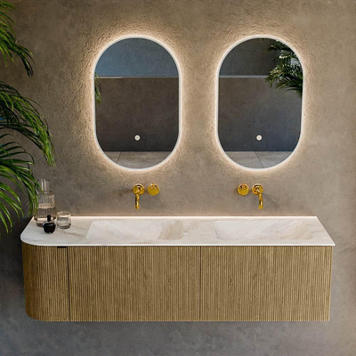 Ensemble de meuble de salle de bain Mondiaz KURVE-DLUX - 155x46x40cm - 2 tiroirs - 1 porte - lavabo en solid surface - double / droite - sans trou de robinet - Dusk