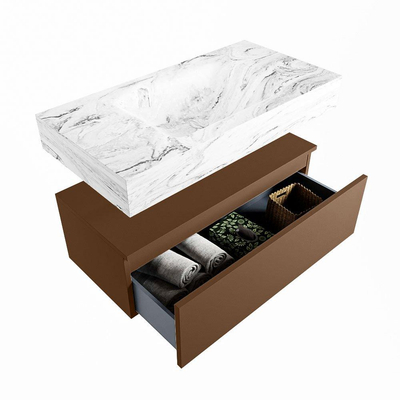 MONDIAZ ALAN - DLUX Ensemble meuble de salle de bains - 90cm - meuble bas - Rust - 1 tiroir - lavabo suspendu - vasque au centre - 1 trou de robinet - Glace