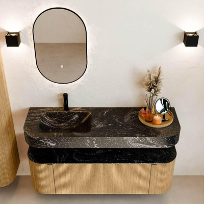 MONDIAZ THOR-DLUX 140cm meuble de salle de bains arrondi gauche + droite couleur Oak avec 1 tiroir et 2 portes. Vasque suspendue CLOUD gauche 1 trou de robinet couleur Lava.