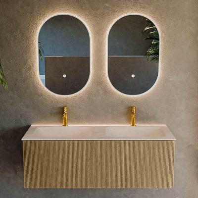 MONDIAZ KURVE-DLUX Meuble de salle de bains 120cm couleur Dusk avec 1 tiroir et 0 porte. Lavabo LEAF Double 2 trous de robinet Meli.
