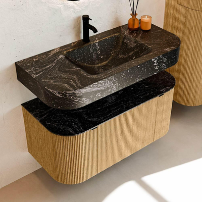 MONDIAZ THOR-DLUX 100cm meuble de salle de bains arrondi gauche + droite couleur Chêne avec 1 tiroir et 2 portes. Vasque suspendue CLOUD Milieu 1 trou de robinet couleur Lava.