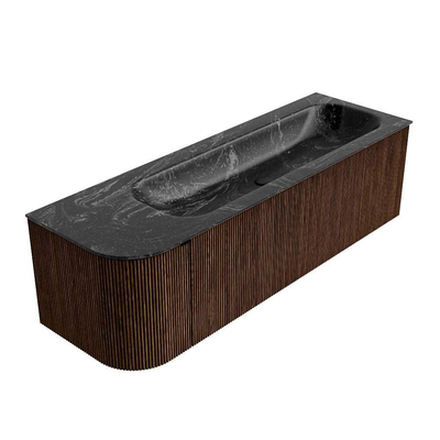 MONDIAZ KURVE-DLUX meuble de salle de bains 145cm avec module 25 L couleur Walnut avec 1 tiroir et 1 porte. Lavabo BIG LARGE à droite sans trou de robinetterie couleur Lava.