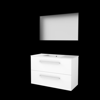 Basic-Line Framed 46 badkamermeubelset - 100x46cm - met grepen - 2 lades - porseleinen wastafel - 1 kraangat - Spiegel - mat zwart aluminium frame - rondom - MDF lak Ice White