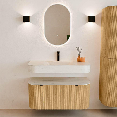 MONDIAZ THOR-DLUX 100cm badmeubel ronding links + rechts kleur Oak met 1 lade en 2 deuren. Vrijhangende wastafel CLOUD Midden 1 kraangat kleur Meli.