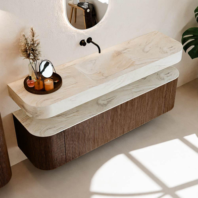 MONDIAZ THOR-DLUX Meuble de salle de bains 170cm arrondi gauche + droite couleur Walnut avec 1 tiroir et 2 portes. Vasque suspendue CLOUD Milieu sans trou de robinet couleur Ostra.