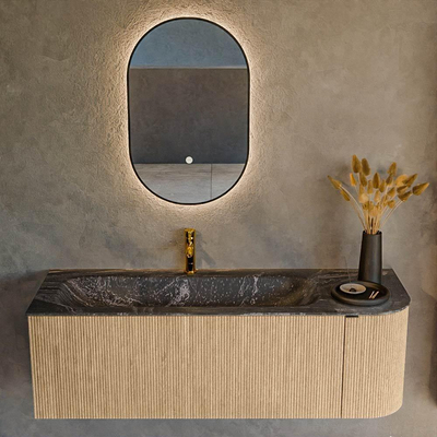 MONDIAZ KURVE-DLUX meuble de salle de bains 135cm avec module 25 R couleur chêne avec 1 tiroir et 1 porte. Plan vasque BIG MEDIUM gauche 1 trou de robinetterie couleur lave.
