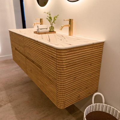 Mondiaz CIRO-DLUX Badkamermeubelset - 150x45x50cm - Solid surface wastafel Nata - 2 wasbak Dubbel - 2 kraangaten - 4 lades - Oak