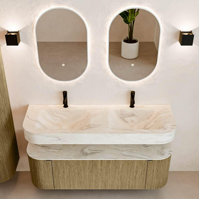 MONDIAZ THOR-DLUX Meuble de salle de bains 140cm arrondi gauche + droite couleur Dusk avec 1 tiroir et 2 portes. Vasque suspendue CLOUD Double 2 trous de robinet couleur Ostra.