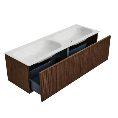 MONDIAZ KURVE-DLUX Meuble de salle de bains 140 cm couleur Walnut avec 2 tiroirs. Lavabo STOR SMALL double 2 trous de robinet couleur Opalo.