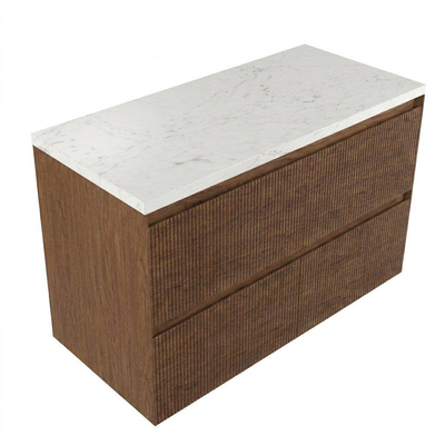 Saniclass Holz Atelier Ensemble meuble de salle de bains - 100x45x63cm - Plan vasque en marbre Dia poli (blanc) - sans trou de robinetterie - 2 tiroirs - walnut pure mat (bois)
