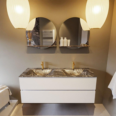 Mondiaz VICA-DLUX ensemble de meuble de salle de bain - 130cm - meuble sous lavabo talc - 2 tiroirs - lavabo encastré cloud double - 2 trous de robinet - miroir modèle spot - version XL 60cm de haut - lave