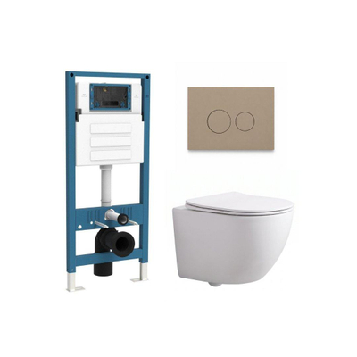 QeramiQ Dely Swirl Ensemble WC Compact - réservoir encastré QeramiQ flush - abattant slim - plaque de commande en plastique taupe - boutons ronds - blanc mat