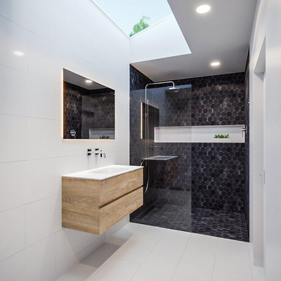 MONDIAZ VICA Ensemble de meuble salle de bain - 100cm - 2 tiroirs - lavabo Cloud au centre - 0 trous de robinet - solid surface chêne blanchi
