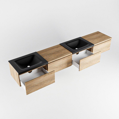 MONDIAZ BUKLA 240cm ensemble de meuble avec module 60 à droite couleur Chêne blanchi avec 4 tiroirs. Lavabo CLOUD double 0 trou de robinet couleur Urban.