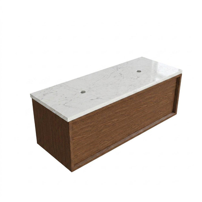 Saniclass Holz Frame Ensemble de meubles de salle de bains - 120x45x43cm - Plan vasque en marbre Dia poli (blanc) - sans trou de robinet - 1 tiroir - walnut pure mat (bois)