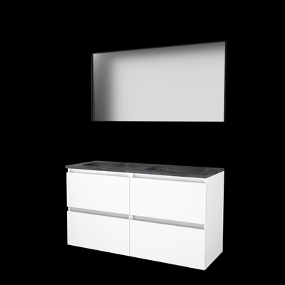 Basic-Line Framed 46 badkamermeubelset - 120x46cm - greeploos - 4 lades - hardsteen wastafel - 0 kraangaten - Spiegel - mat zwart aluminium frame - rondom - MDF lak Ice White