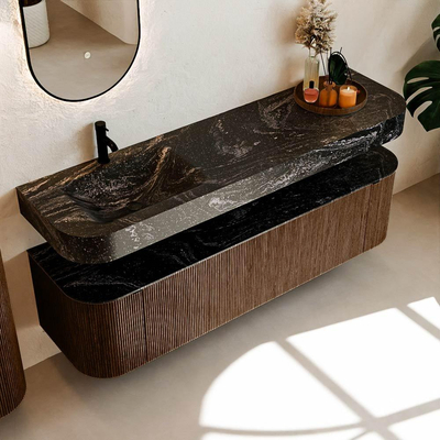 MONDIAZ THOR-DLUX Meuble de salle de bains 170cm arrondi gauche + droite couleur Walnut avec 1 tiroir et 2 portes. Vasque suspendue CLOUD Gauche 1 trou de robinet couleur Lava.