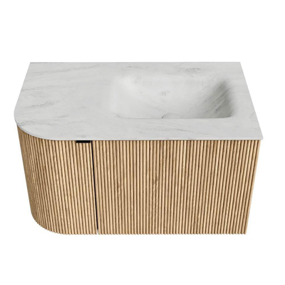 MONDIAZ KURVE-DLUX 75cm badmeubel met module 25 L kleur Oak met 1 lade en 1 deur. Wastafel GRUNNE rechts zonder kraangat kleur Opalo.