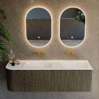 Mondiaz KURVE-DLUX Ensemble de meuble salle de bain - 145x46x40cm - 1 tiroir - 1 porte - lavabo en solid surface - double / droite - sans trou de robinet - Shadow