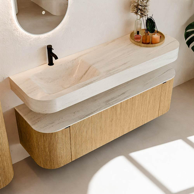 MONDIAZ THOR-DLUX 150cm badmeubel ronding links + rechts kleur Oak met 1 lade en 2 deuren. Vrijhangende wastafel CLOUD Links 1 kraangat kleur Meli.