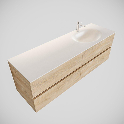 MONDIAZ VICA Ensemble de meuble salle de bain - 150cm - 4 tiroirs - lavabo Moon à droite - 1 trou de robinet - solid surface chêne blanchi