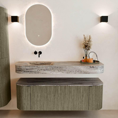 MONDIAZ THOR-DLUX Meuble de salle de bains 140cm arrondi gauche + droite couleur Shadow avec 1 tiroir et 2 portes. Vasque suspendue CLOUD Gauche sans trou de robinet couleur Oza.