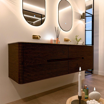 Mondiaz CIRO-DLUX Badkamermeubelset - 170x45x50cm - Solid surface wastafel Oza - 2 wasbak Dubbel - zonder kraangaten - 4 lades - Walnut