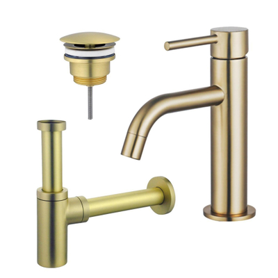 FugaFlow Eccelente Sobrado Badkamer Slim Wastafelkraanset - lage wastafelkraan - always open plug - design sifon - PVD Geborsteld Messing