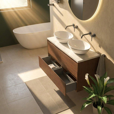 Saniclass Holz Pure Ensemble meuble de salle de bains - 120x45x63cm - Plan vasque en marbre Dia poli (blanc) - sans trou de robinet - 4 tiroirs - walnut pure mat (bois)