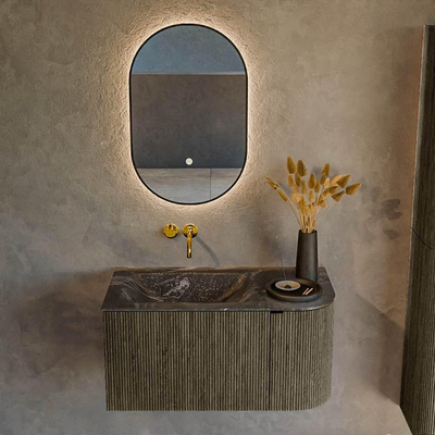 Ensemble de meuble de salle de bain Mondiaz KURVE-DLUX - 85x46x40cm - 1 tiroir - 1 porte - lavabo en solid surface - gauche - sans trou de robinet - Shadow