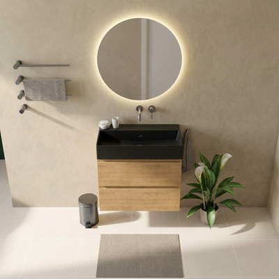 Saniclass Holz Pure Badkamermeubelset - 80x45x72cm - Legend keramische wastafel mat zwart - 1 wasbak - zonder kraangat - 2 lades - mat eiken natural (hout)