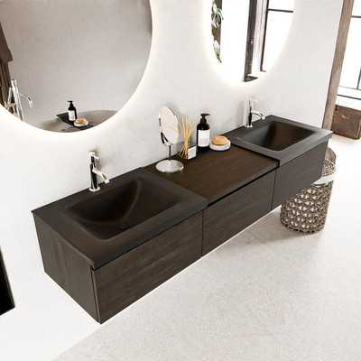 MONDIAZ BUKLA 180cm meuble de salle de bain avec module 60 couleur Marron foncé avec 3 tiroirs. Lavabo CLOUD double 2 trous de robinet couleur Urbaine.