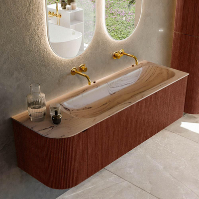 MONDIAZ KURVE-DLUX Meuble de salle de bains 145cm arrondi à gauche couleur Ruby avec 1 tiroir et 1 porte. Lavabo BIG LARGE à droite sans trou de robinet Arena.