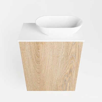 Mondiaz Fowy Meuble de toilette - 40x50x23cm - chêne blanchi mat - 1 trou de robinet - lavabo à droite - 1 porte - solid surface - plan Mélamine - lavabo : blanc