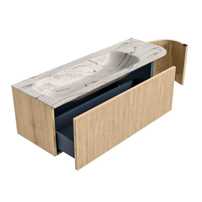 MONDIAZ KURVE-DLUX 135cm badmeubel ronding Rechts kleur Oak met 1 lade en 1 deur. Wastafel BIG MEDIUM Links zonder kraangat Nata.