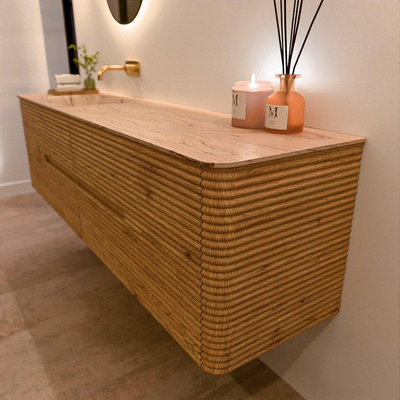Mondiaz CIRO-DLUX Ensemble de meubles de salle de bains - 180x45x50cm - Plan vasque en solid surface Arena - 1 bassin à gauche - sans trous de robinet - 4 tiroirs - Chêne