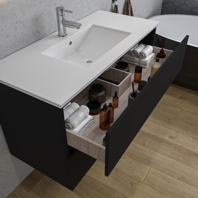 Adema Chaci Ensemble salle de bain - 100x46x57cm - 1 vasque en céramique blanche - 1 trou de robinet - 2 tiroirs - miroir rectangulaire - noir mat
