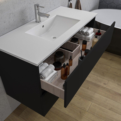 Saniclass Chaci Ensemble meuble de salle de bains - 100x46x55cm - lavabo en céramique blanc - 1 vasque - 1 trou de robinet - 2 tiroirs - miroir rond avec éclairage - noir mat