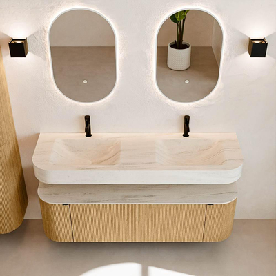 MONDIAZ THOR-DLUX 150cm badmeubel ronding links + rechts kleur Oak met 1 lade en 2 deuren. Vrijhangende wastafel CLOUD Dubbel 2 kraangaten kleur Meli.