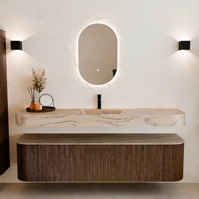 MONDIAZ THOR-DLUX 180cm meuble de salle de bains arrondi gauche + droite couleur Walnut avec 2 tiroirs et 2 portes. Vasque suspendue CLOUD Milieu 1 trou de robinet couleur Arena.