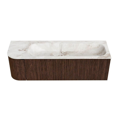 MONDIAZ KURVE-DLUX 145cm meuble de salle de bains avec module 25 L couleur Walnut avec 1 tiroir et 1 porte. Lavabo BIG LARGE à droite 1 trou de robinet couleur Frappe.