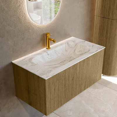 Mondiaz KURVE-DLUX Badkamermeubelset - 90x46x40cm - 1 lade - wastafel solid surface - midden - 1 kraangat - Dusk