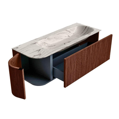 MONDIAZ KURVE-DLUX 125cm badmeubel ronding Links kleur Ruby met 1 lade en 1 deur. Wastafel BIG MEDIUM Rechts zonder kraangat Nata.